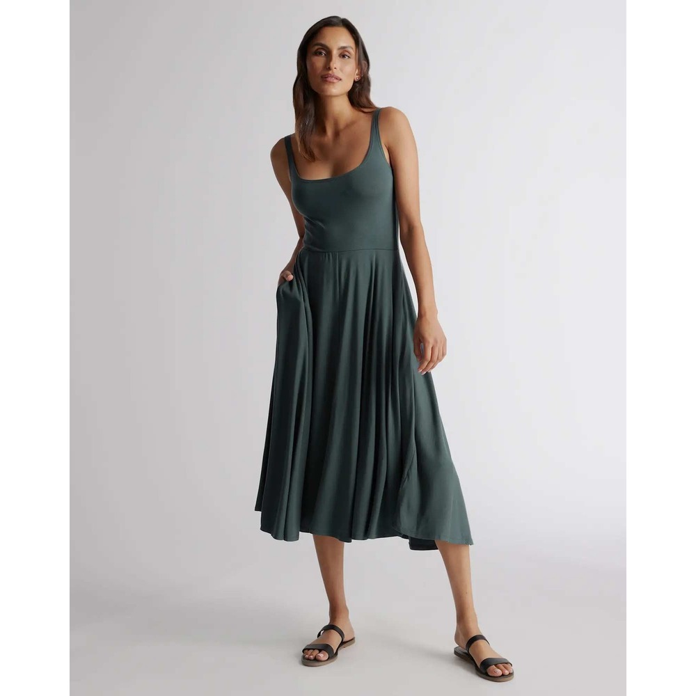 Quince Tencel Fit and Flare Dress Dark Olive Green Sleeveless Scoop Neck Medium